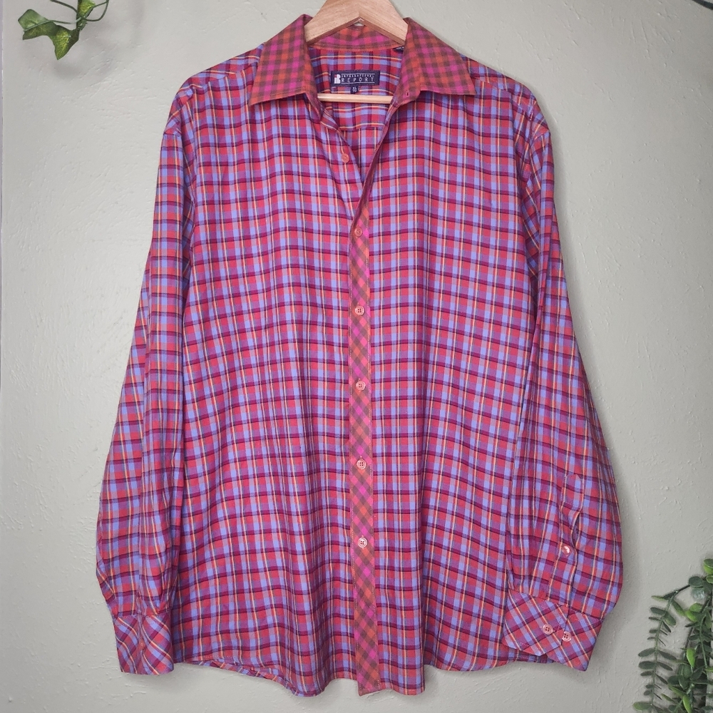 Retro International Report Plaid Check Button-Up Shirt XL Bold Colorful